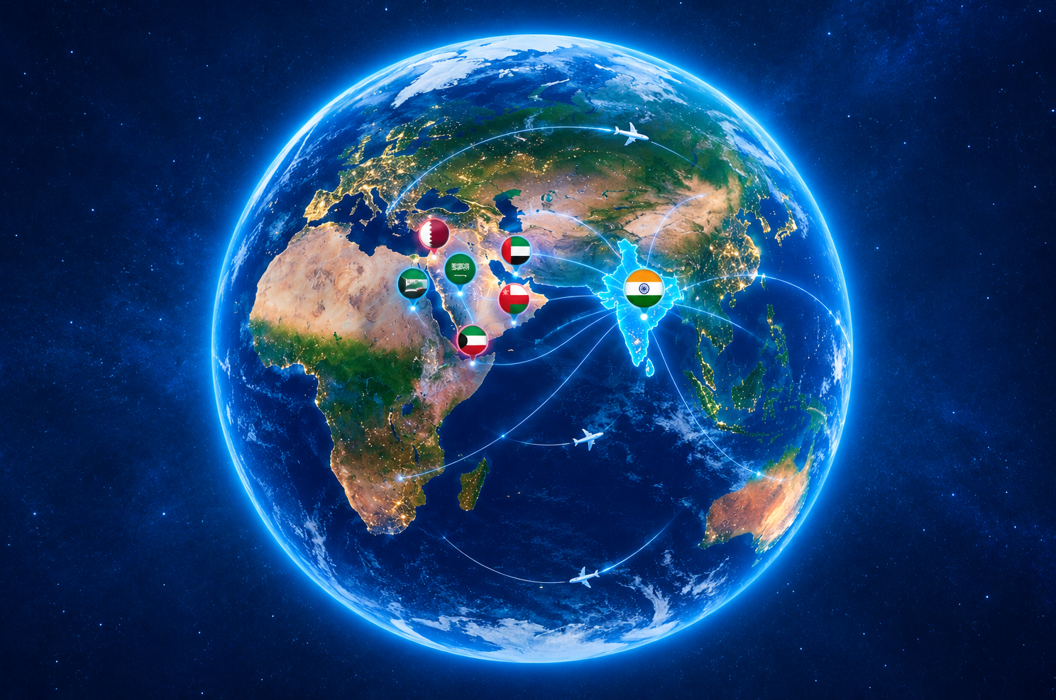 Earth highlighting India and the GCC region