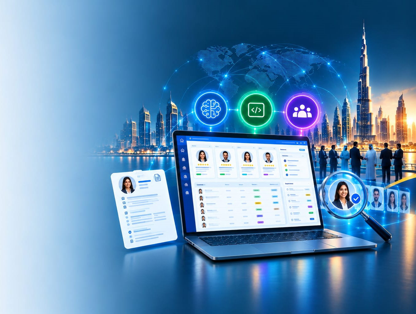 Recruitment software dashboard, digital technology and GCC skyline